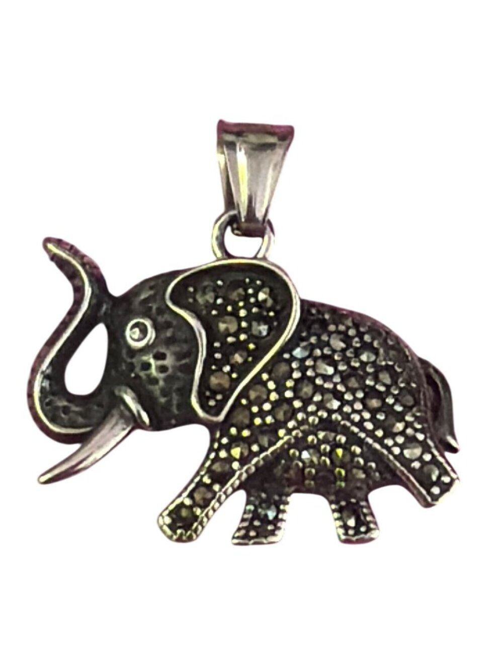 Silver Tone Elephant Pendant Marcasite Trunk Up Lucky Zoo Animal Safari 1.25"